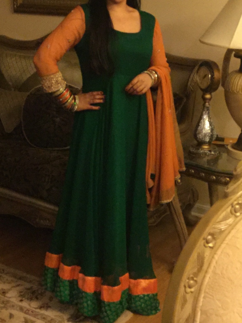Green orange scoop neck chiffon anarkali dress
